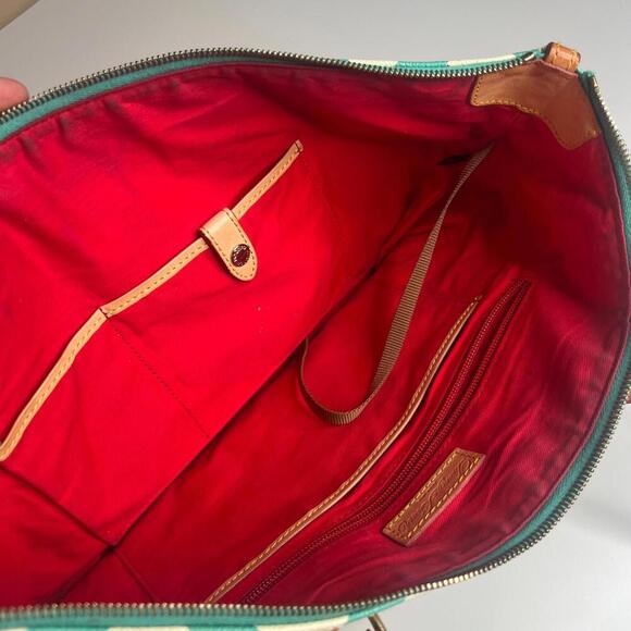 Dooney & Bourke Chevron Tote Bag – Teal & White Canvas with Leather Trim - Picture 2 of 10